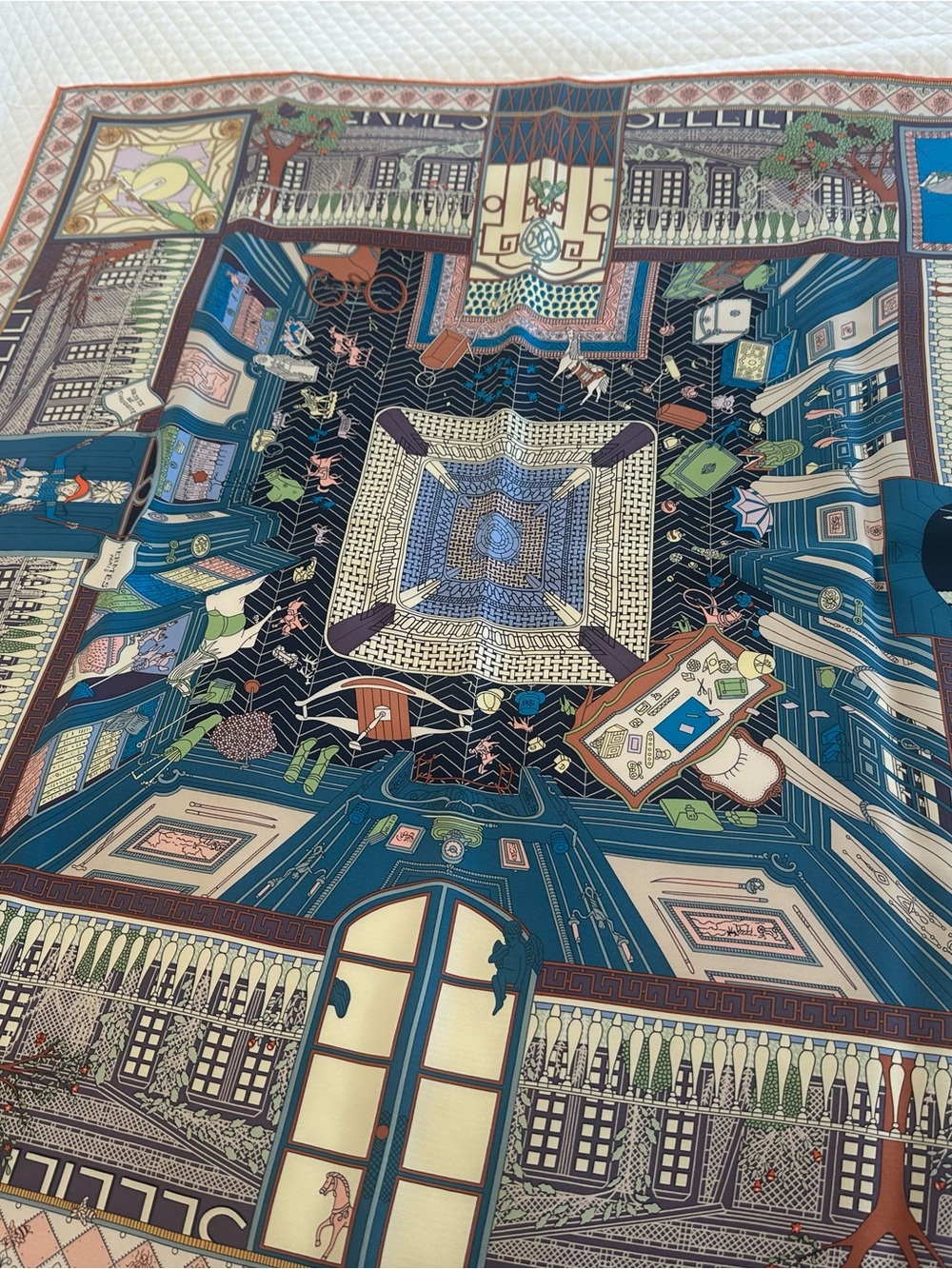 Hermes carre 90 silk scarf objects de curiosite new in box blue and orange motif - Picture 6 of 14